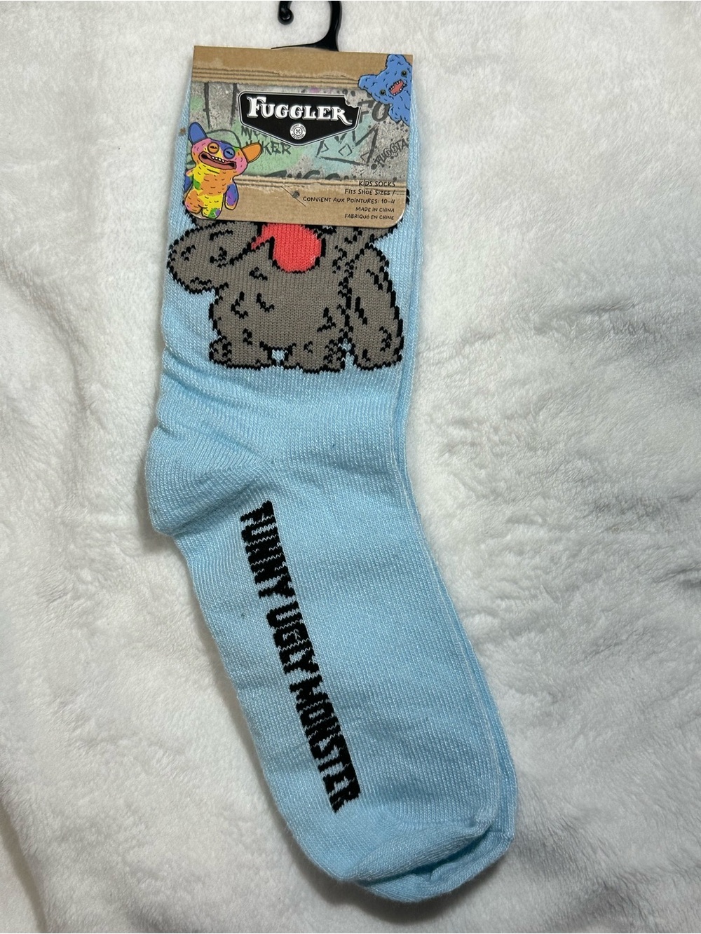 Fuggler Funny Ugly Monster Kids Socks Shoe Size 10-4 Light Blue Crew